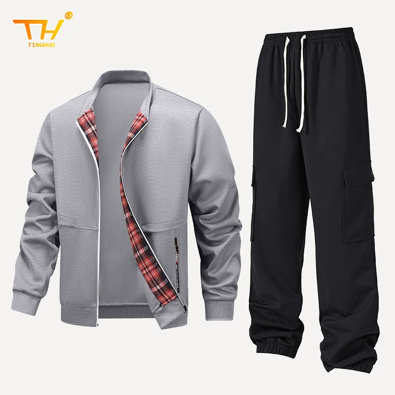 

New Men's Suit 2025 Casual Zip-up Hoodie+Pants 2PCS Spring AutumnSweatshirt Suit Fashion Plaid Tracksuit Men