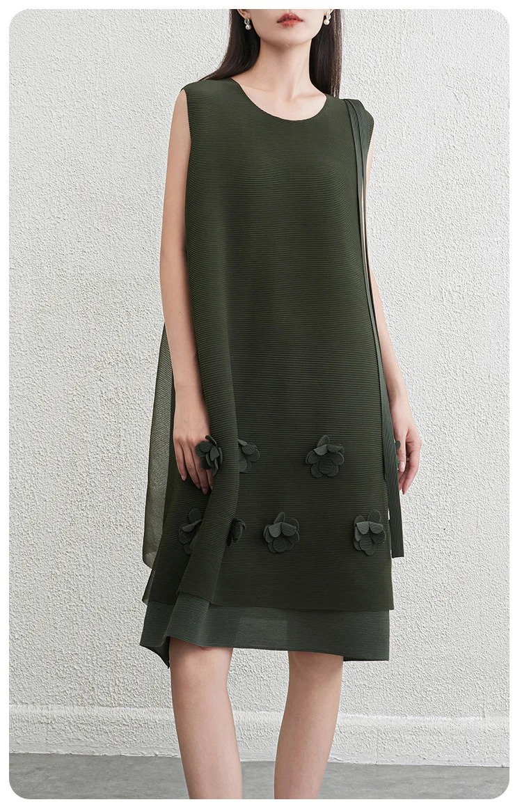 Miyake Plissiertes Kleid für Damen in Grau mit 3D-Schleife und Blumenapplikation, Frühling/Sommer 2026, A-Linie, Party, Schick, Stilvoll, Dezentes, Cooles Outfit – Detail 6