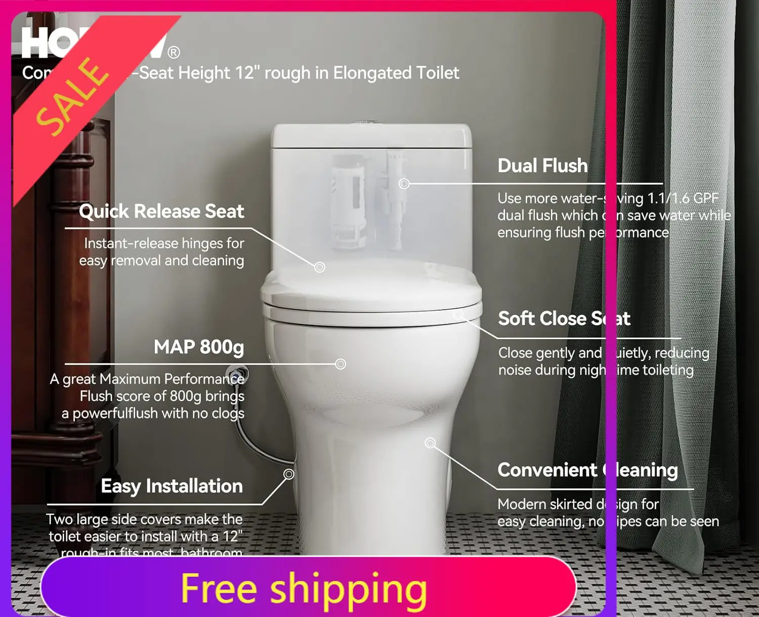 

HR-ST076WD Dual Flush Elongated Toilet with Soft Close Seat, High-Efficiency Supply, Standard Bathroom Toilet 12" Rough-In, Whit