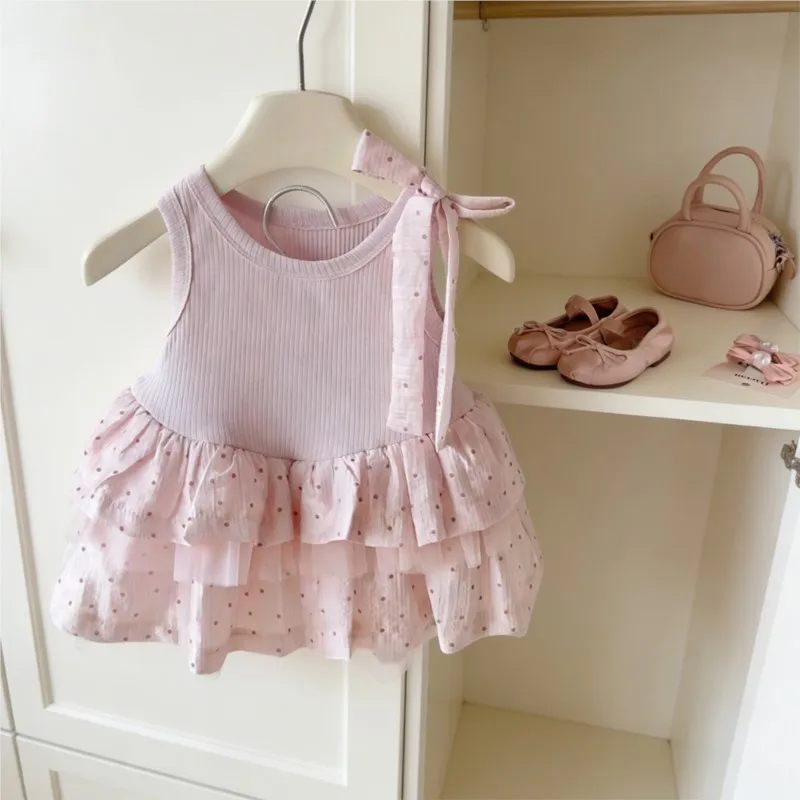 Baby Girl Princess Cotton Polka Dot Bow Dress Sleeveless Infant Toddler Child Vintage Tulle Vestido Summer Baby Clothes 0-3Y