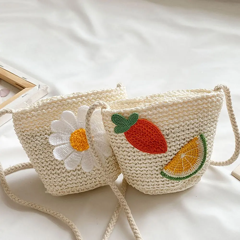 Bolsa de palha infantil, carteira de desenhos animados, estilo coreano, linda fruta, praia, tecida, boêmia, moda pequena