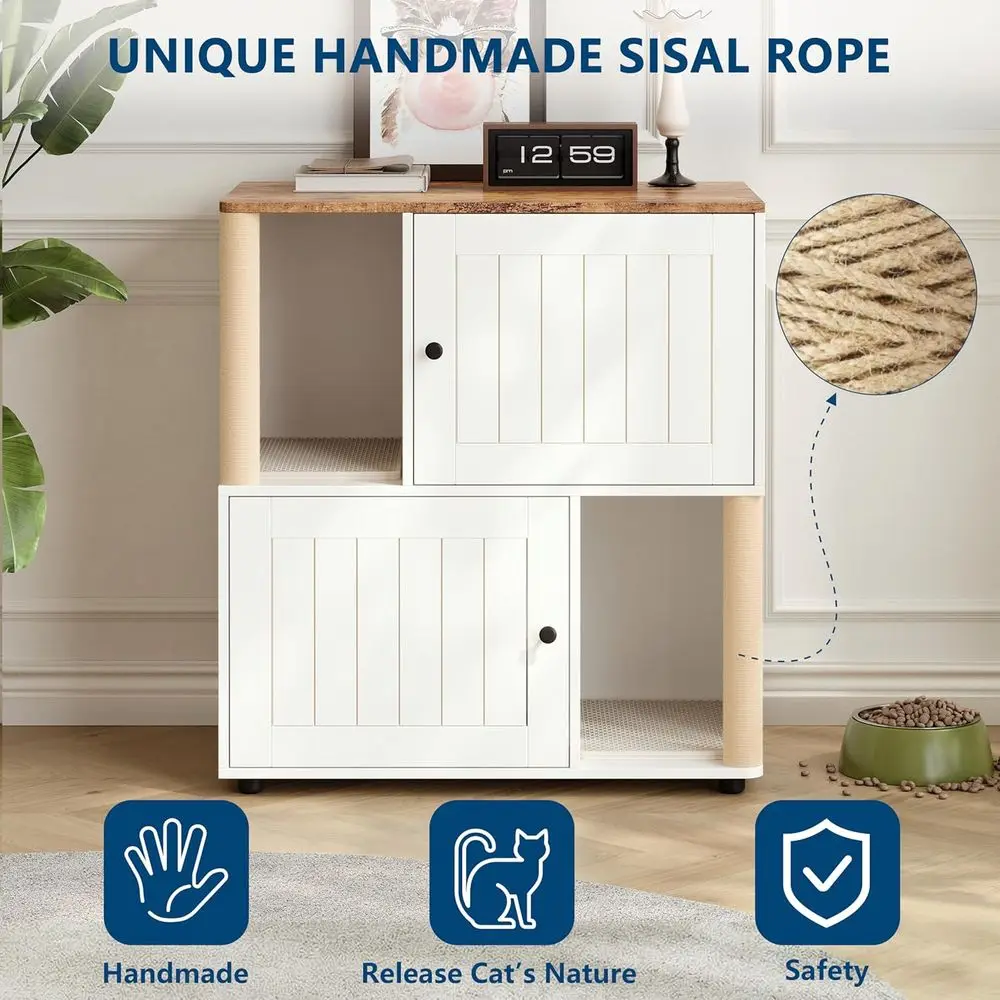 Litter Box Cabinet, Hidden Cat Litter Box urniture with Dual Comparents, Odor Control & Scratch-Resistant Panels, Compact Enclos