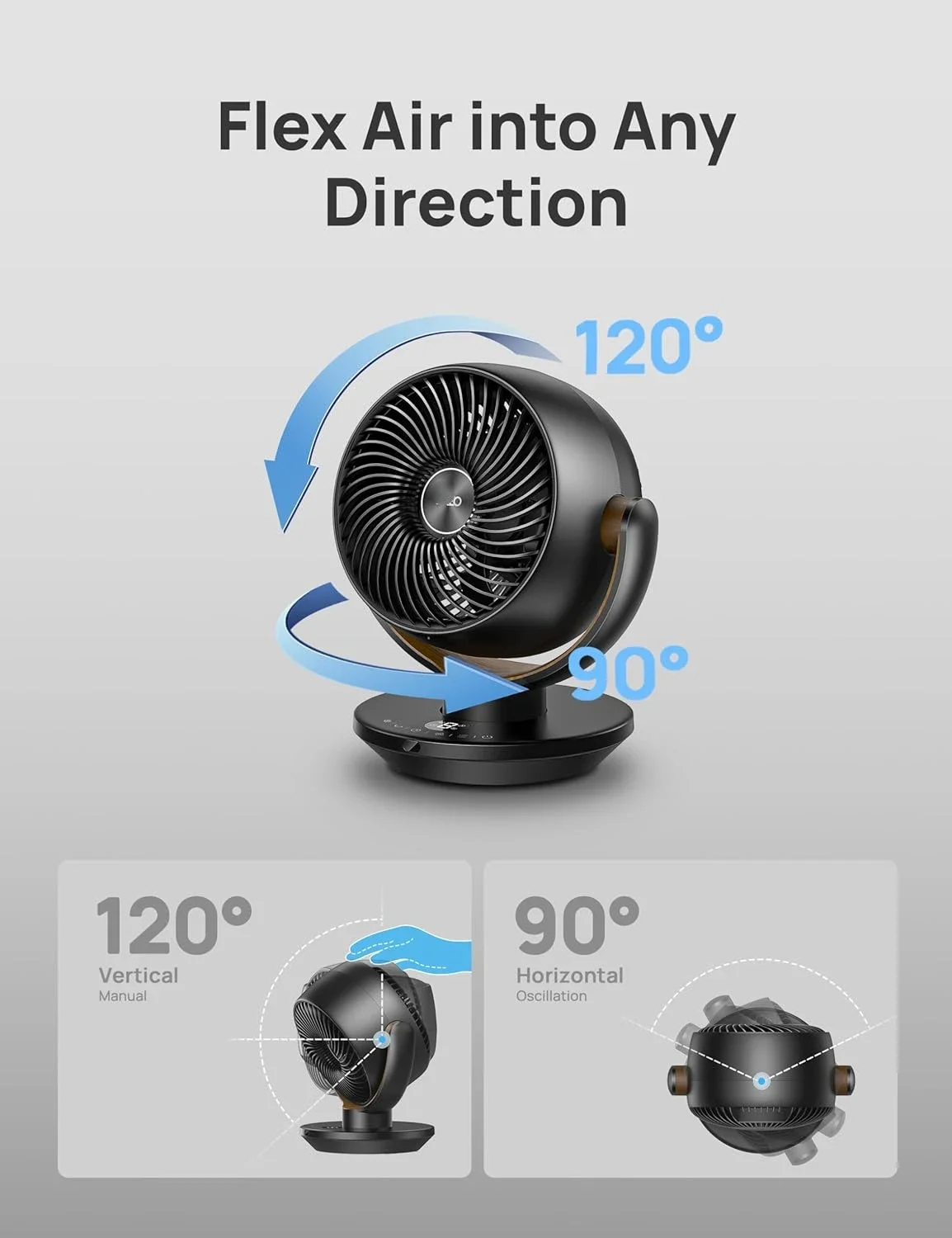 Ventilador para dormitorio, circulador de aire de escritorio con control remoto, ventiladores de mesa de 11 pulgadas para toda la habitación, potente flujo de aire de 60 pies, 120 ° Vertical M