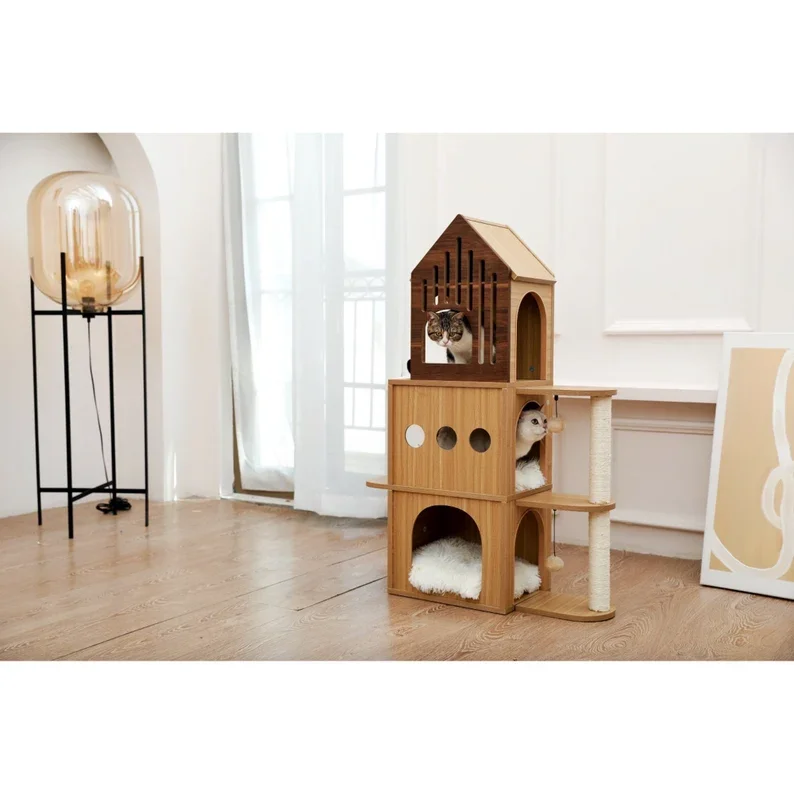 High Quality Wood Modern Natural Cat Tree Condo Sisal Scratching Posts  Cat Tower for Indoor Cat Activity