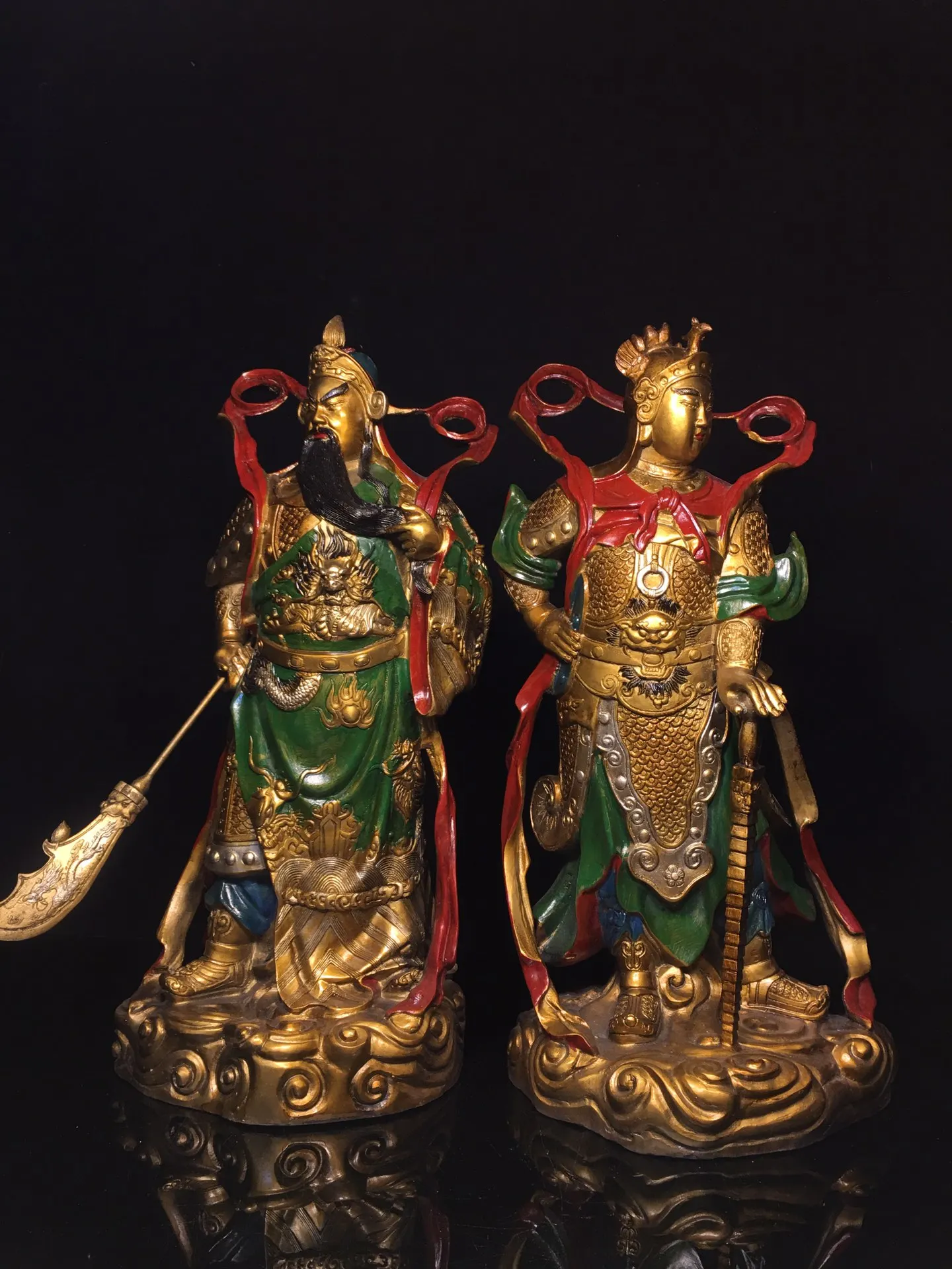 

16"Tibetan Temple Collection Old Bronze Painted Veda Bodhisattva Door God Buddha Guan Yu Gods immortals Worship Hall Town house