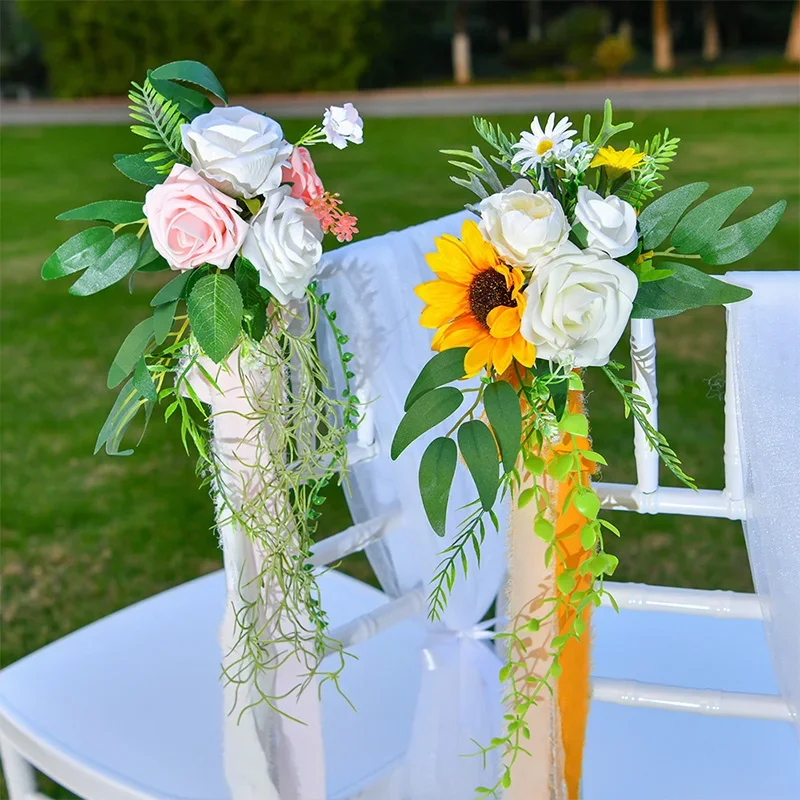 

Romantic Arch Floral Aisle Arrangement Wedding Ceremony Party Decoration Artificial Flower Hanging Chair Back Garland Photo Prop