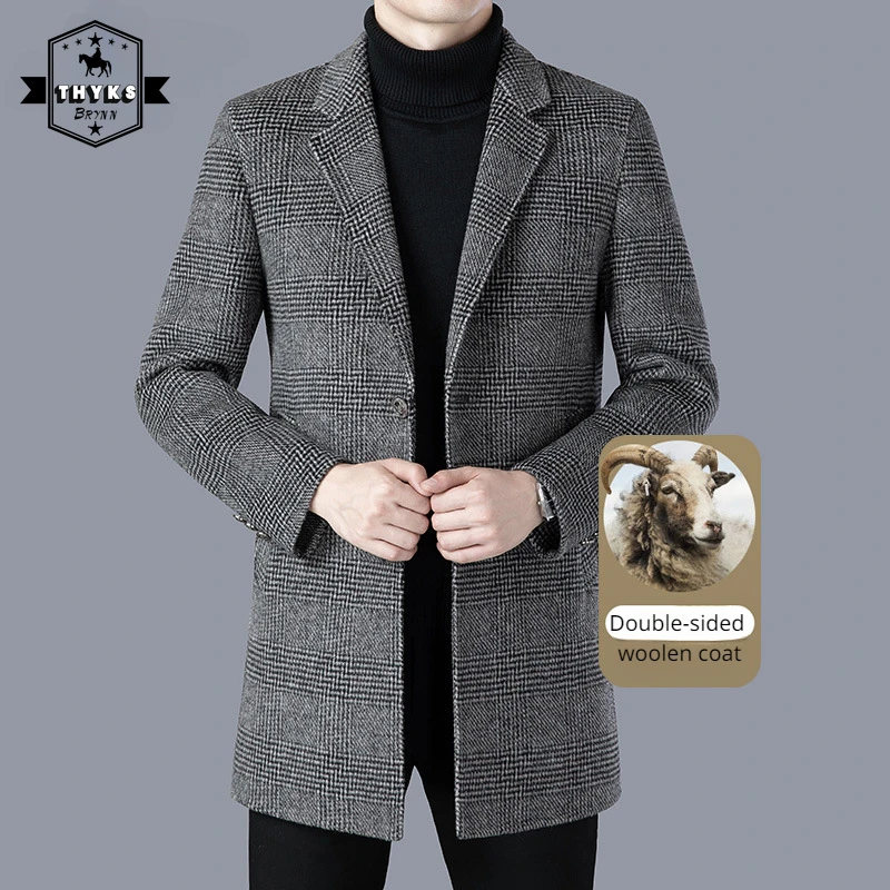 

Manual Double-sided Woolen Coat Mens Solid Color Business Slim Fit Plaid Suit Blazer Male Fashion Simple Trend Windbreak Jacket