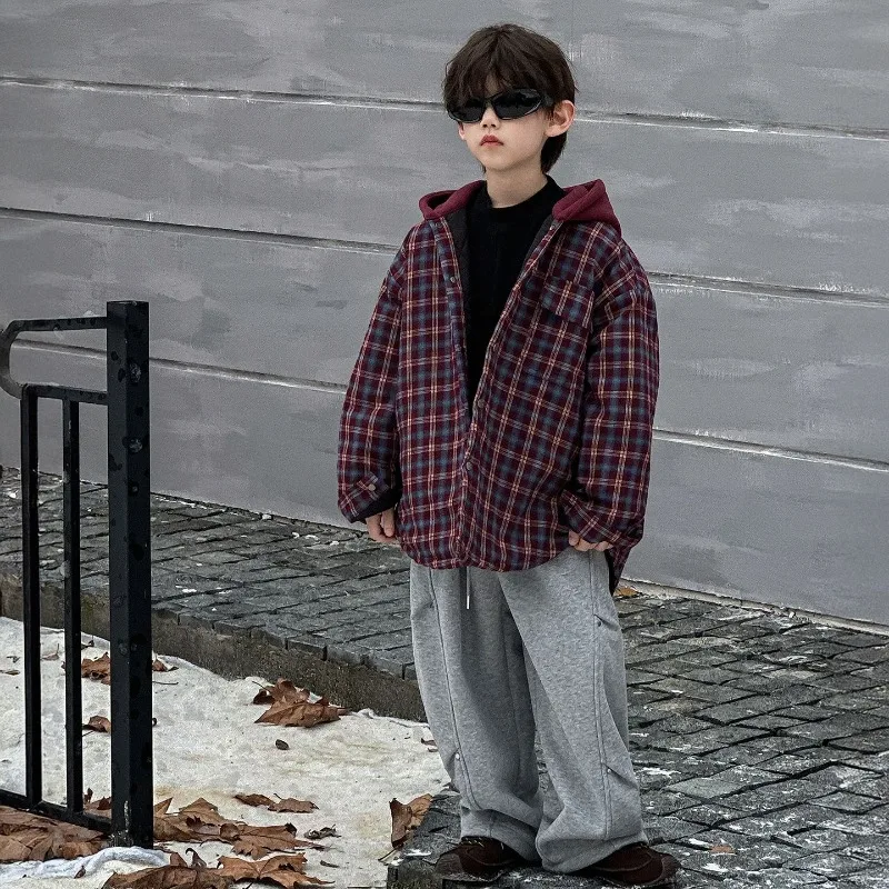 Boys Coat 2025 Autumn Winter Korean Style Fashion Casual Patchwork Plaid Hooded Thick Warm Long Sleeve Outerwear