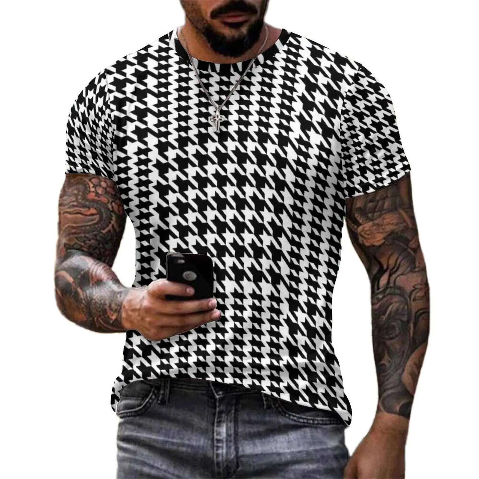 Summer T Shirt Retro Houndstooth T-Shirts Black White Check Street Style Vintage Tee Shirt For Men Short Sleeves Oversized Tops