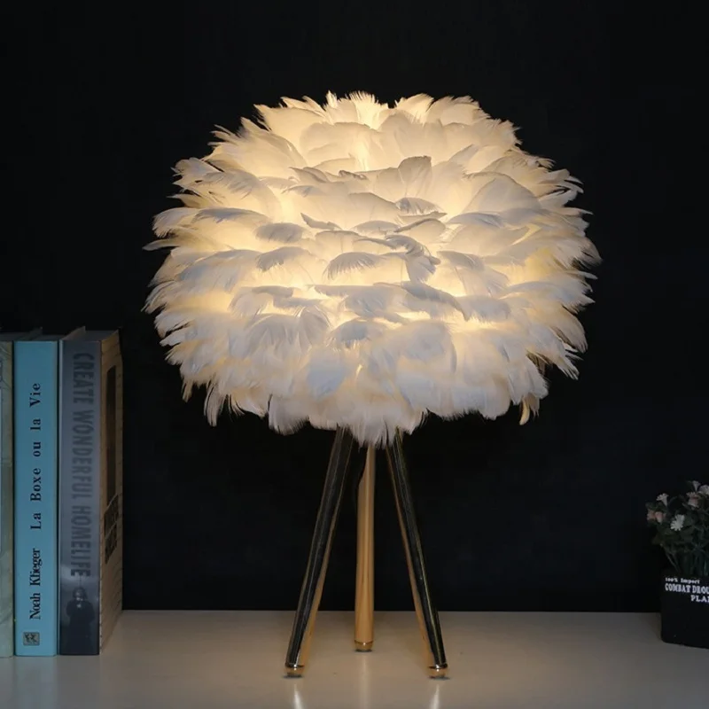 Feather lamp bedroom bedside lamp Northern Europe ins girl net red light bedside table decoration pieces warm romantic decoratio