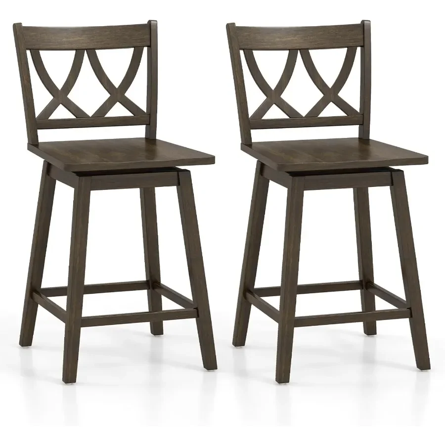 

Набор барных стульев 24 дюйма из 2 поворотных деревянных барных стульев с подставкой для ног из резиновой деревянной рамы и эргономичной спинкой.