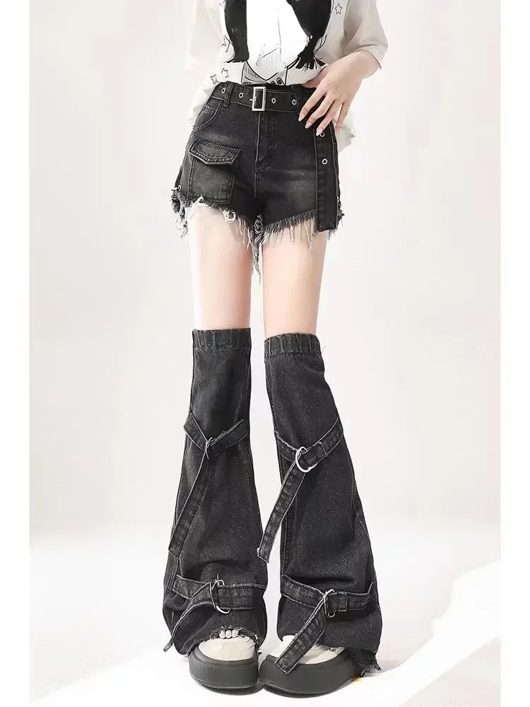 Ropa de calle gótica Y2K, pantalones cortos vaqueros de corte Retro americano para mujer, moda de verano, nuevas fundas para piernas, conjunto de dos piezas, pantalones de cintura alta
