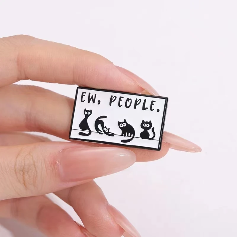 Black Cat Comics Enamel Pins Cartoon Animal Words EW, PEOPLE Brooches Backpack Lapel Badges Custom Jewelry Gift for Kids Friends