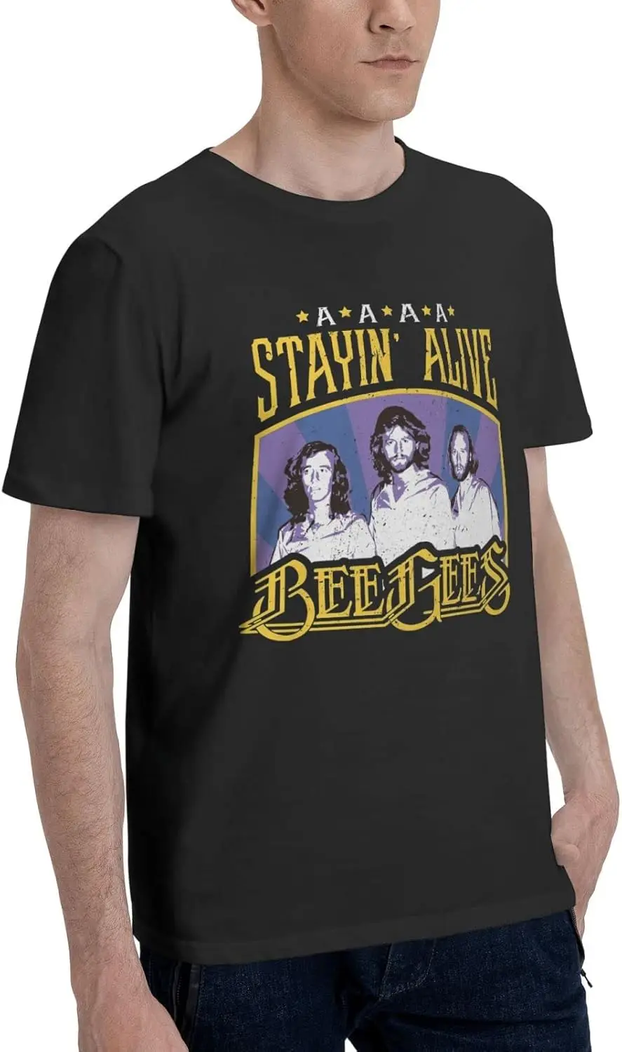 تي شيرت رجالي مطبوع ثلاثي الأبعاد خفيف الوزن DIY Bee Band Gees Stayin Alive برقبة دائرية وأكمام قصيرة قميص أسود