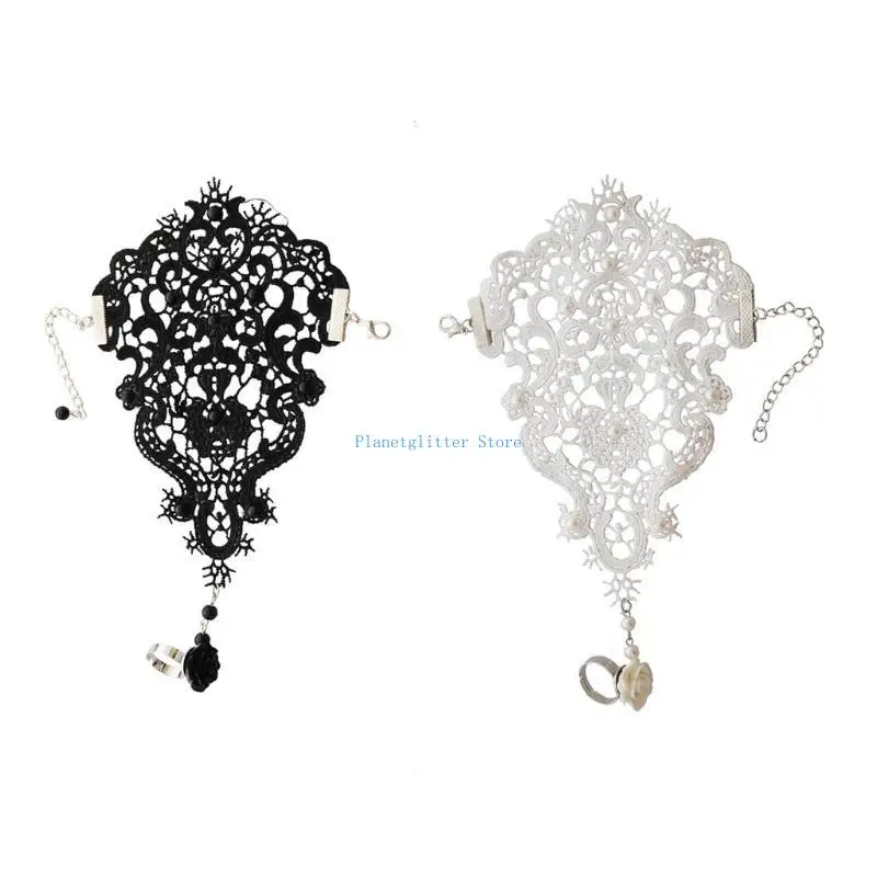 

652B Handmade Gothic Retro Lace Bracelet with Ring Wedding Wristband Decor Accessories for Women Party Dress Up