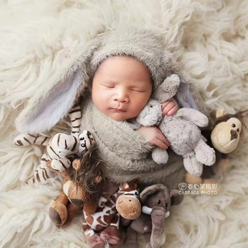 2023Newborn fuzzy bunny hat with wrap for newborn photography props,soft blanket for baby photo shoot