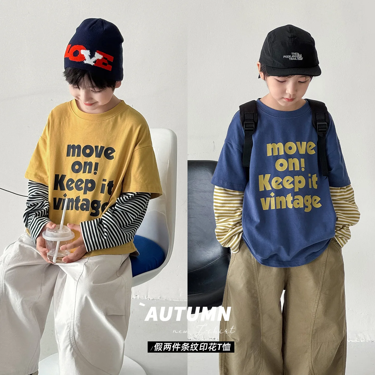 Boys T-shirt 2026 Autumn and Winter New Childrens Clothing Korean Style Boys and Girls Fashion Letters Printed Fake Two T-shirts