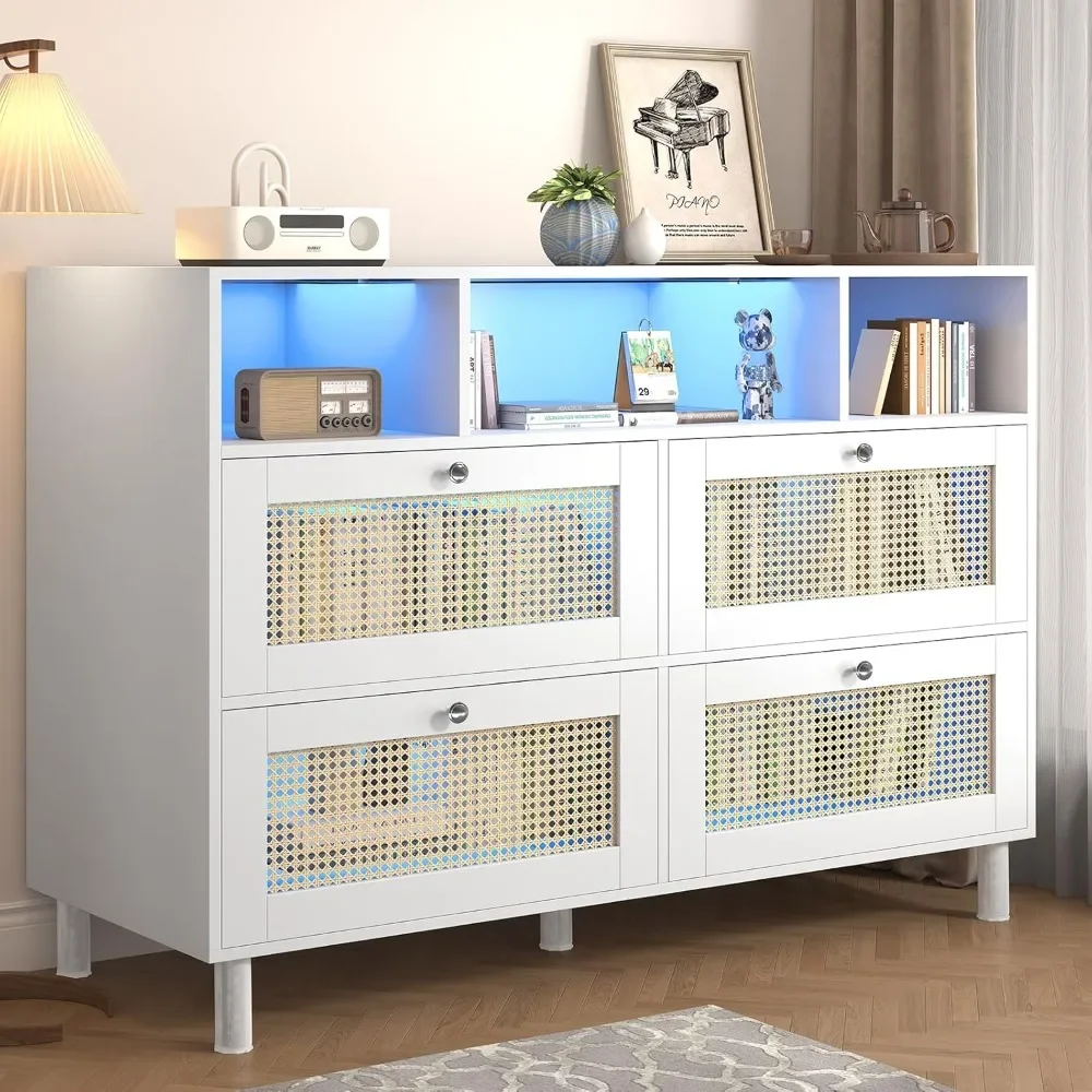 

Sideboard Buffet Cabinet, Kitchen Storage Cabinet with Power Outlet & Led Lights, Accent Cabinet with 4 Rattan Doors, White