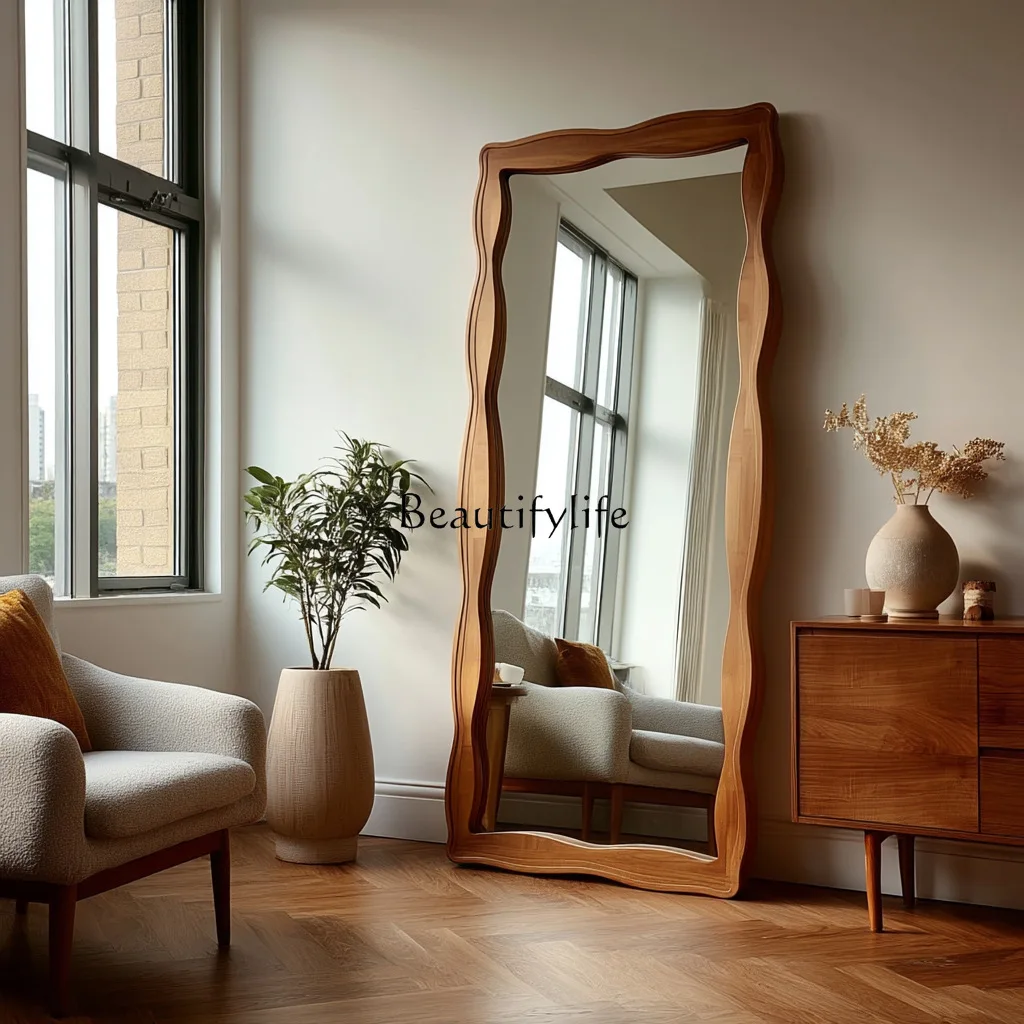 Medieval style solid wood tempered mirror full body mirror floor mirror household living room bedroom