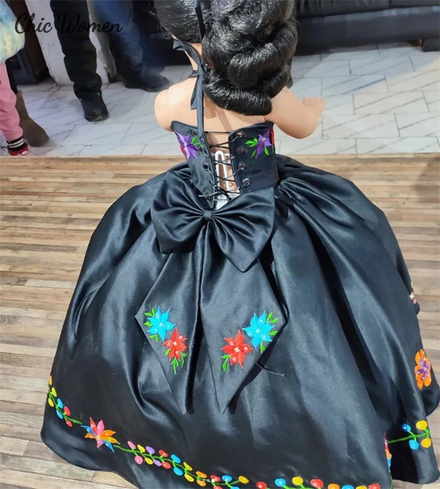 Black Mexican Flower Girls Dress  Embroidery Birthday Dress Mariachi Kid Pageant Party Bow First Holy Communion Dress Customized