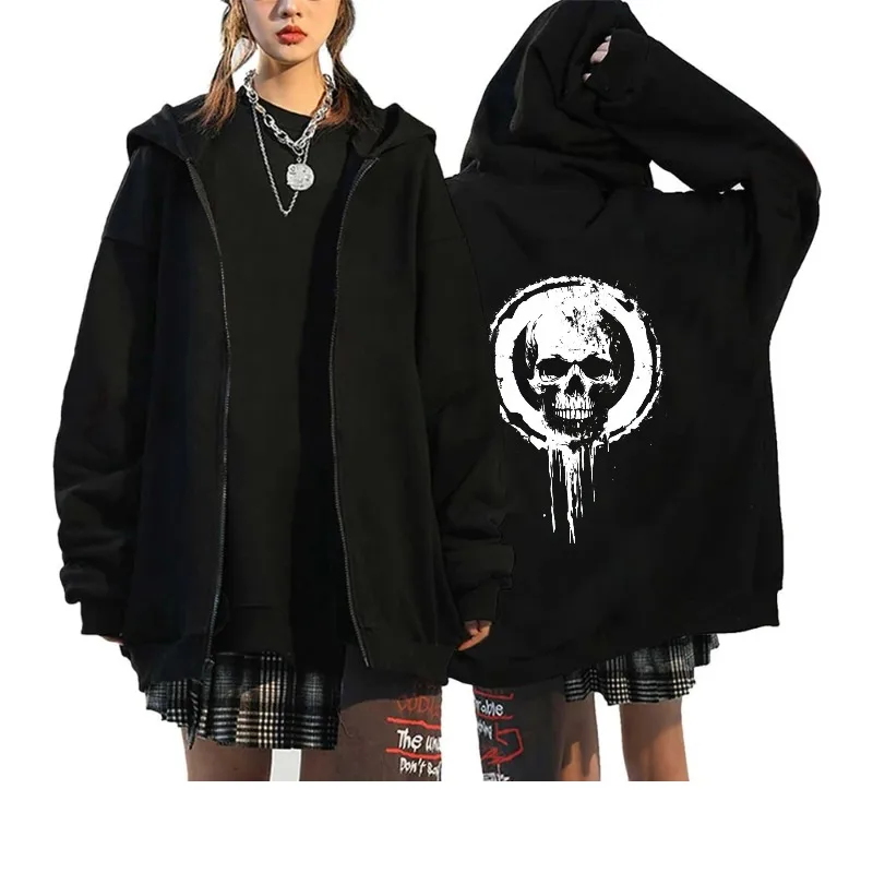 

Men's Hooded Jacket Black Skull Print Gothic Streetwear Casual Outwear for Halloween Party and Daily Wear