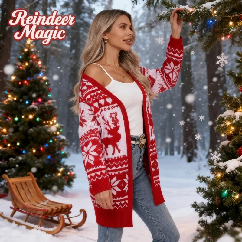 

Новогодний женский кардиган с вышивкой оленей и снежинок, уютный вязаный рождественский свитер с открытой передней частью для праздничного наряда