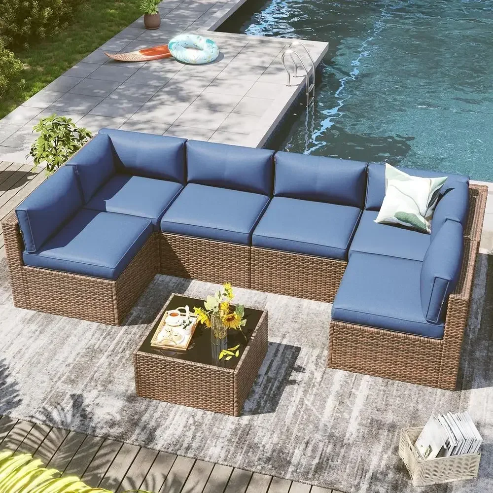7-Piece Blue Outdoor Patio Furniture Set with Thick Cushions and Coffee Table