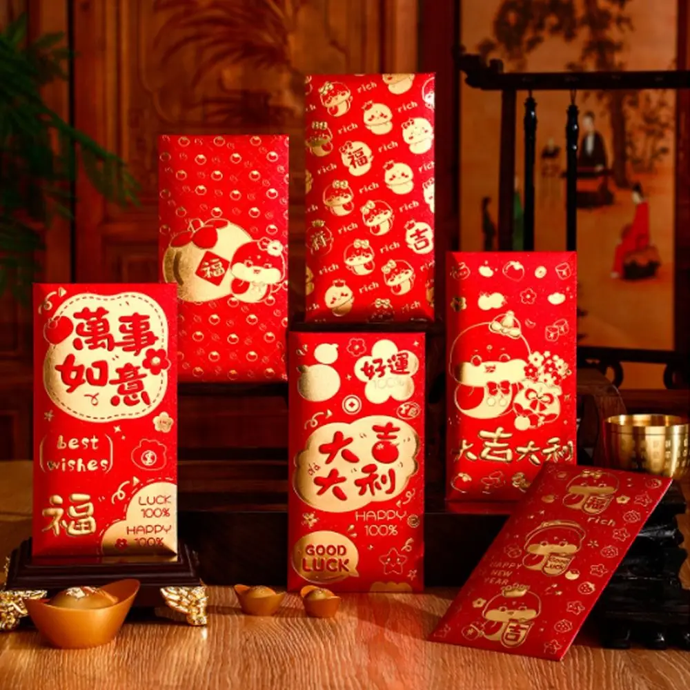 Envelopes vermelhos tradicionais chineses, 6 peças, bênção hongbao, sacos de dinheiro da sorte, pacote de dinheiro de papel, suprimentos para festival de primavera