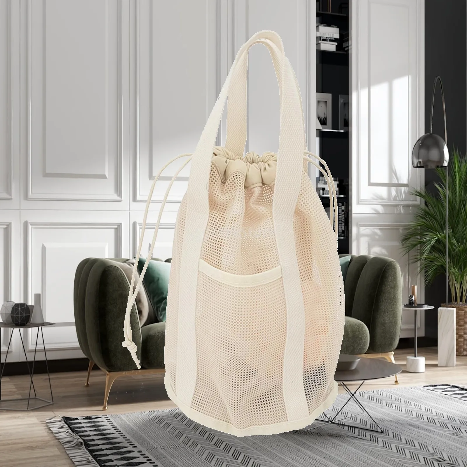 Hanging Mesh Shower Bag Quick Dry Toiletry Tote Large Capacity with Drawstring Side Pockets for Women Travel Dorm Use