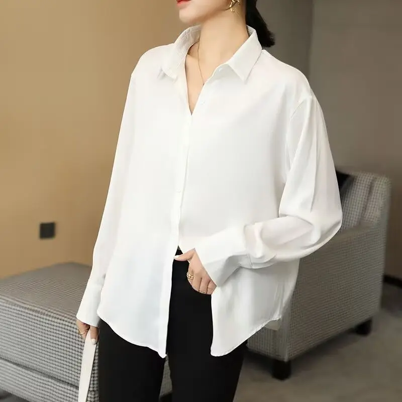 

Women's Summer Ice Silk Draping Blouse Loose Elegant Versatile Solid Color Retro Style Top Comfortable Lightweight JJ107