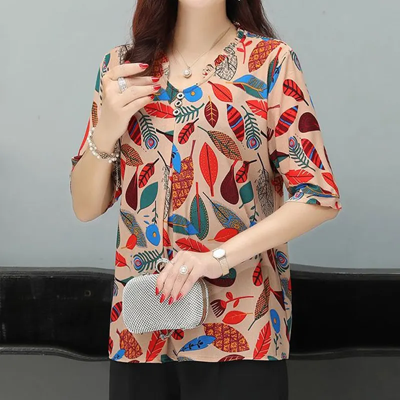 Women\'s Clothing Round Neck Button Shirt Vintage Floral Printed Summer Half Sleeve Elegant Folds Commute Daily Loose Blouse 2024