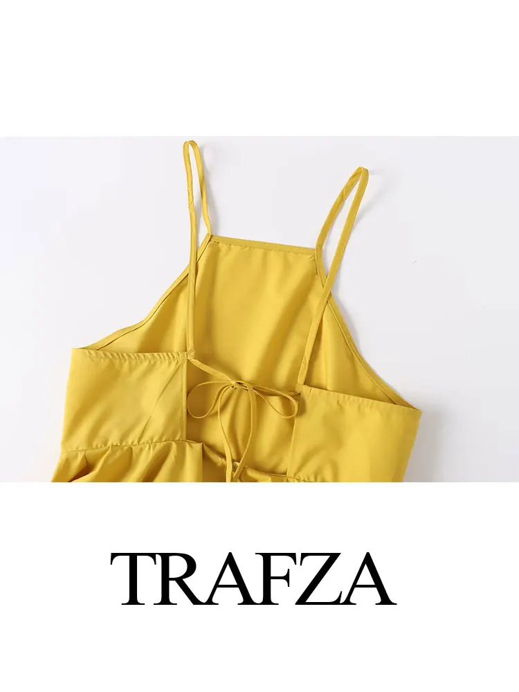 TRAFZA 2024 Summer Elegant Camisole Poplin Solid Yellow Off-shoulder Trendy Sleeveless Ruffle Halterneck Gentle Tank For Women