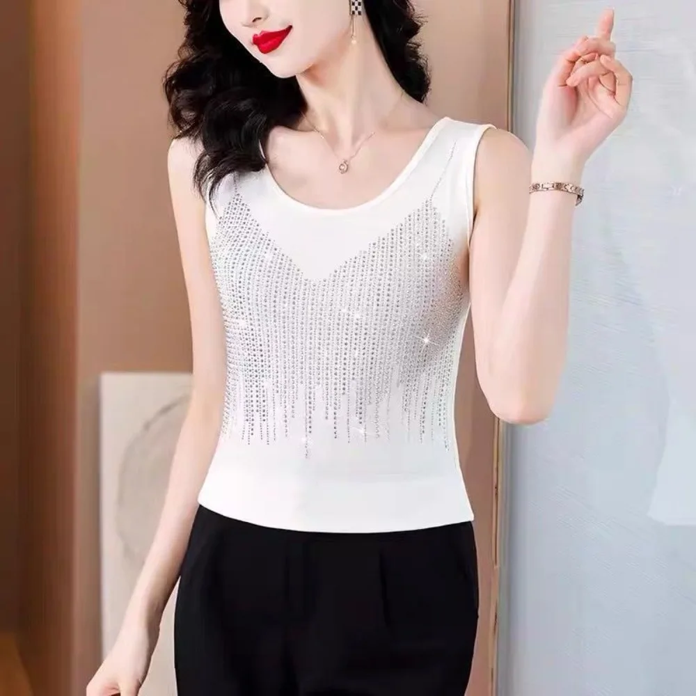 New Spring Women's Heavy Rhinestone Camisole Tank Top, Stretchy Plus Size Basic Cami Top, Sleeveless Inner Wear for Blazer Suit