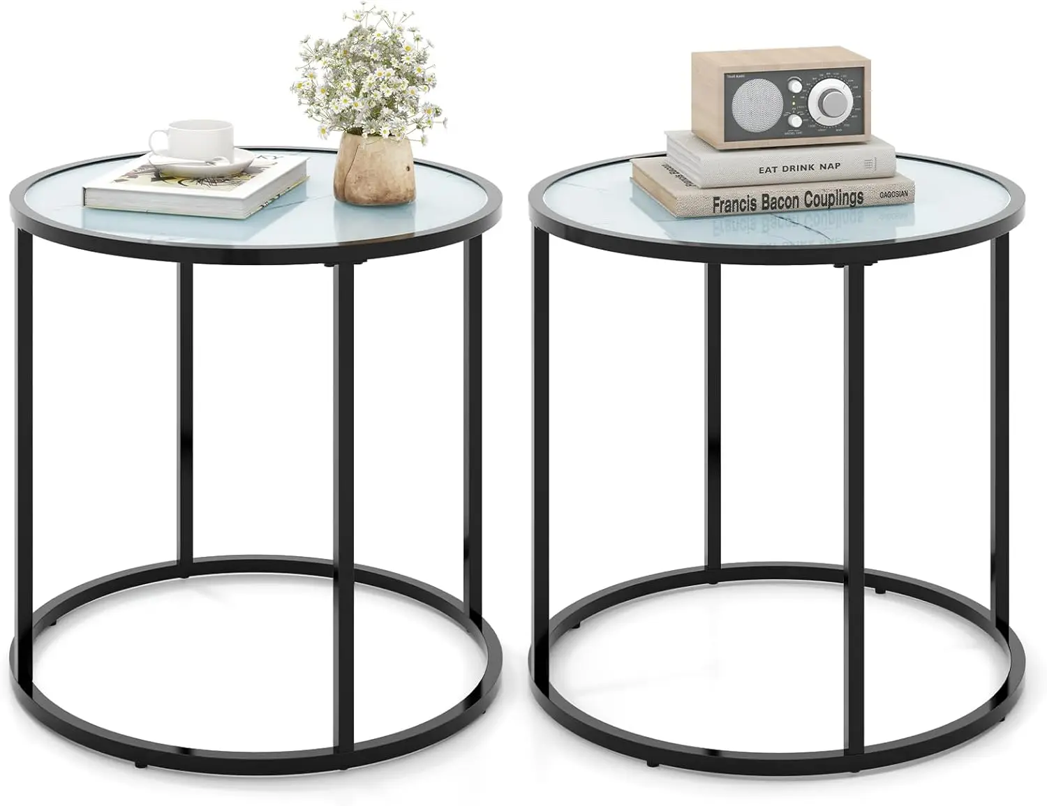 

Round Side Table Set Of 2, Tempered Glass End Table With Metal Frame, Modern Accent Table Nightstand Bedside Table, Small
