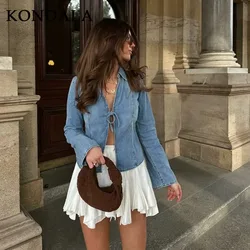KONDALA 2026 Spring Summer Casual Women Denim Shirts Fashion Streetwear BOWtie Solid Turn-down Collar Chic Open Stitch Shirts