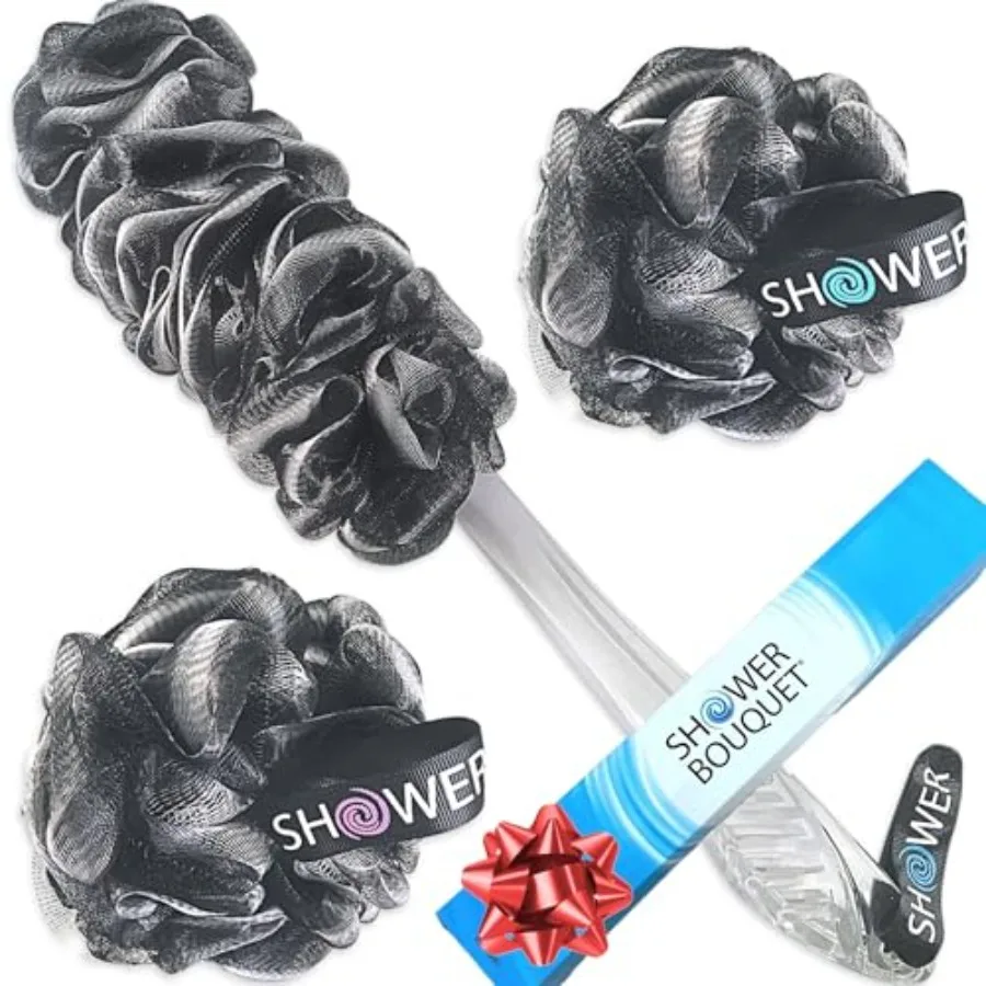 

SHOWER BOUQUET Loofah-Charcoal Back-Scrubber and Bath-Sponge Set// 1 Long-Handle-Back-Brush Plus 2 Extra Large 75g Mesh Loofa-L