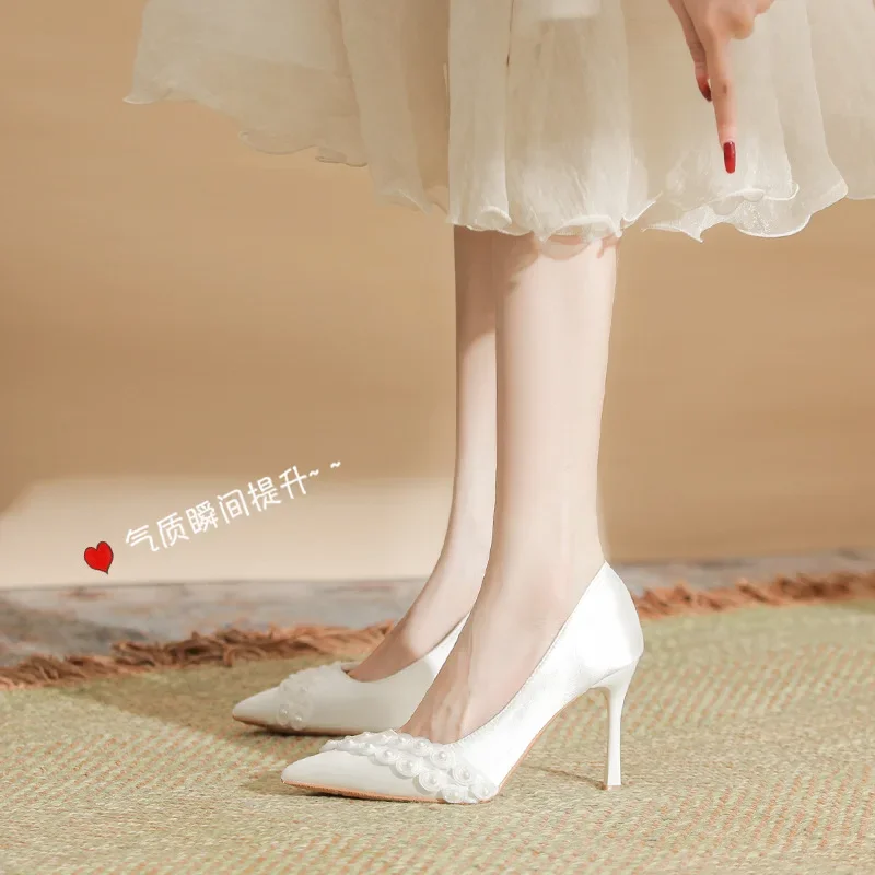 Size 30-44 White Wedding Shoes Sardine Satin Pointed Toe Stiletto Heels Women Pearls Dress Sheos