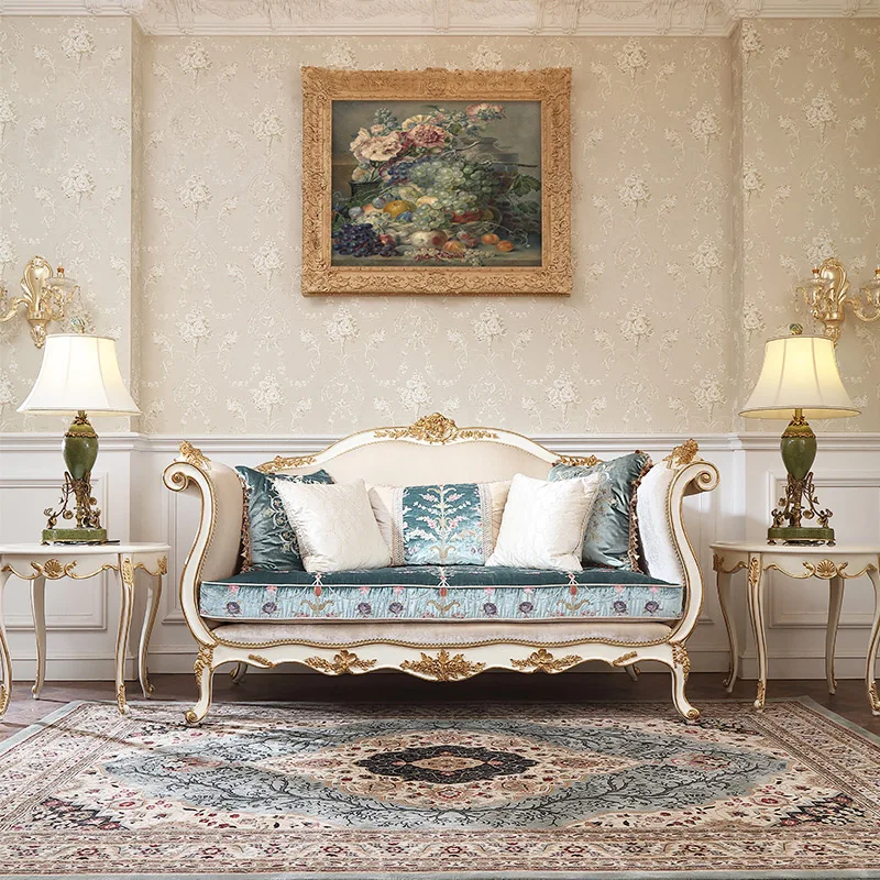 

Royal French hand-carved solid wood fabric sofa luxury villa pasted gold and silver foil high-end furniture