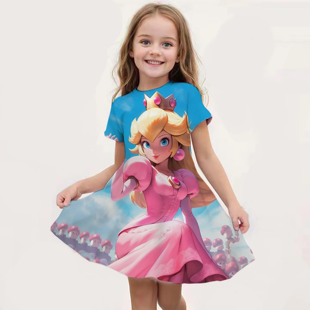 2024 Summer Peach Princess print Dress Girls Women Short Sleeve Costume Party Dresses Children Clothes Skirt Super Mario Games