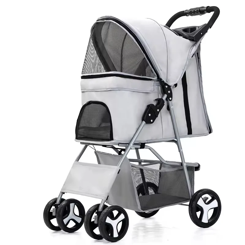 

4 Wheels Grey Pet Carriers Portable Foldable Pet Stroller Oxford Material Cat and Dog Outing Supplies