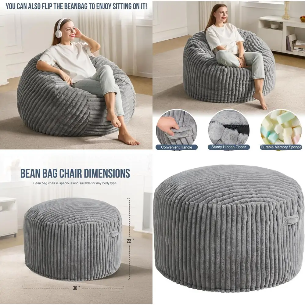 

Большое плюшевое кресло-мешок в полоску для взрослых — серое, 91x91x56 см. Идеально подходит для гостиной, спальни, общежития.