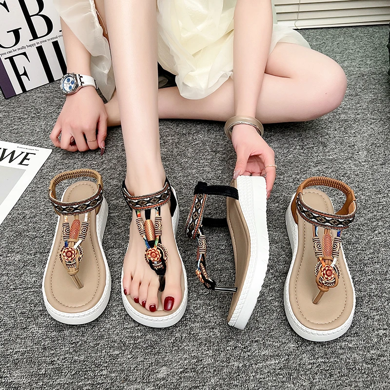 2026 Fashion String Roman  for  Summer New T-Strap Flat Sandles Woman Plus Size Comfort Non Slip Beach Shoes