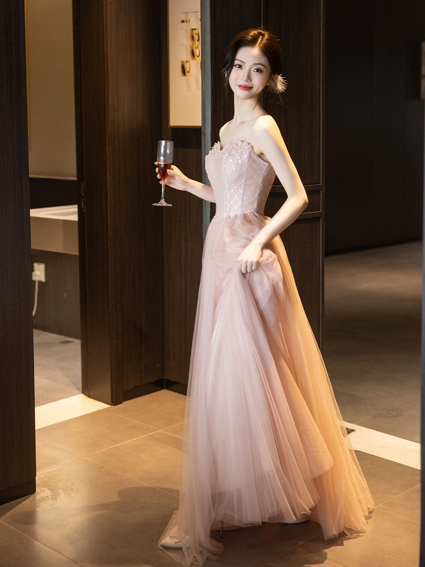 L&P DQL Studio Blush Avondjurk Sweetheart Lace-up Pleats Tule Feestjurk Galajurken Kralen op Top