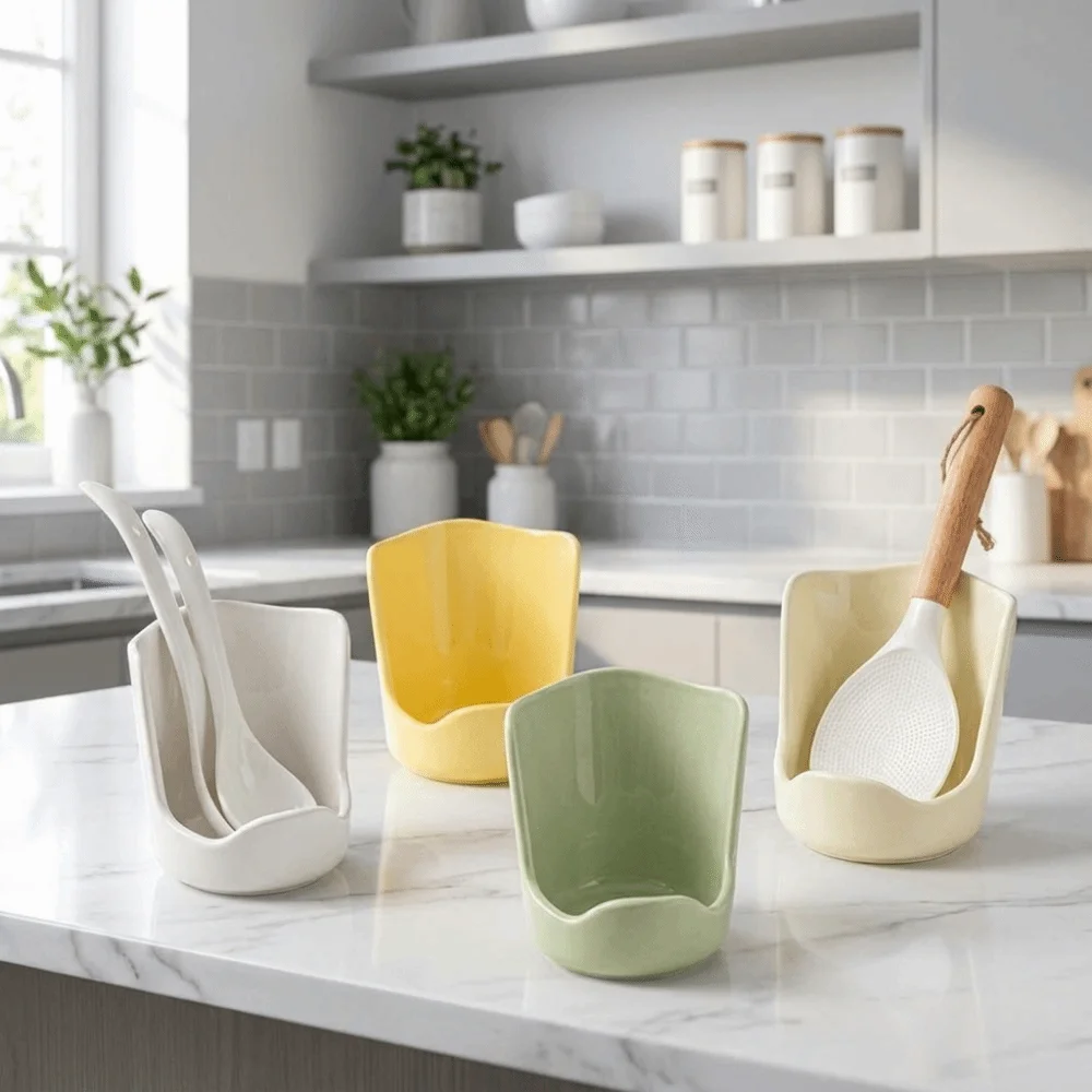 Non-Slip Ceramic Spatula Holder Minimalist Water Tray Soup Spoon Rack Heat-Resistant Kitchen Storage Rack For Kitchen