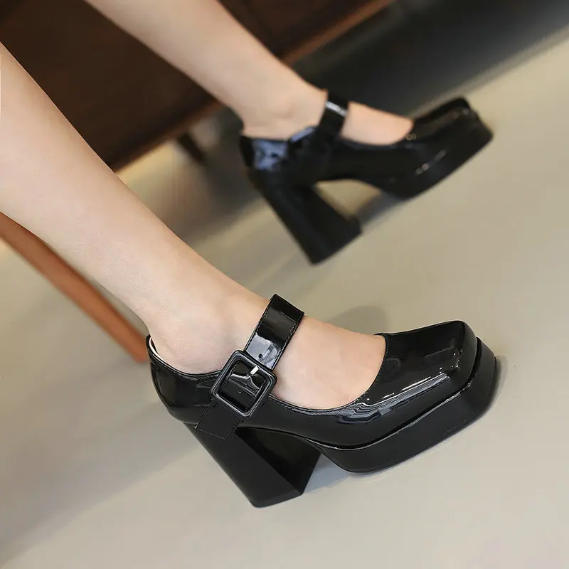 Size 33-48 Patent Shiny PU Leather Lady Office Pumps Wide Buckle Strap Platform Mary Janes Shoes Spring Fall Block Chunky Heels