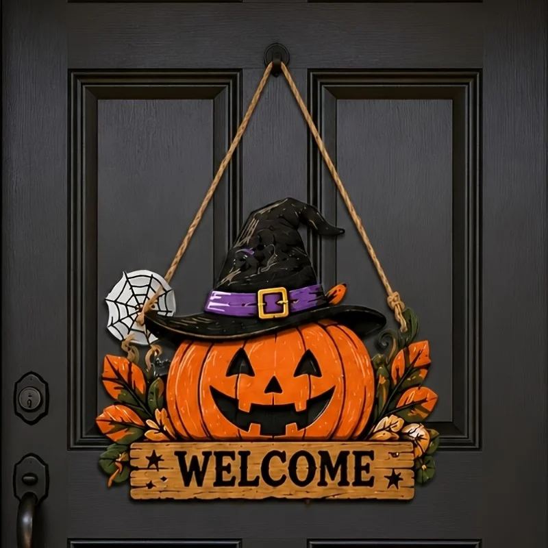 2/1 Piece Set, Large Size Thick 2D Flat Halloween Pumpkin with Hat and Spider Web Wooden Door Sign, Wooden Hanging Decoration, with Rope, Rustic Halloween Door Hanging, Suitable for Front Door, Porch, Entrance, Walls, and Party Decorations, Durable Wood, Decorative Ornament, Suitable for Multiple Holiday Gifts, Halloween Gift
