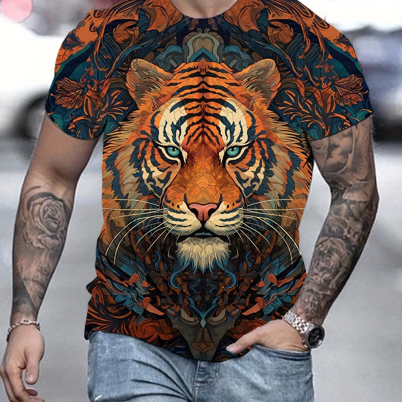 Tiger Print T-Shirt 3D Animal Men's Shirts Summer Short Sleeved Male Pullover Oversized T-shirts Casual Tops Tees Men Clothing