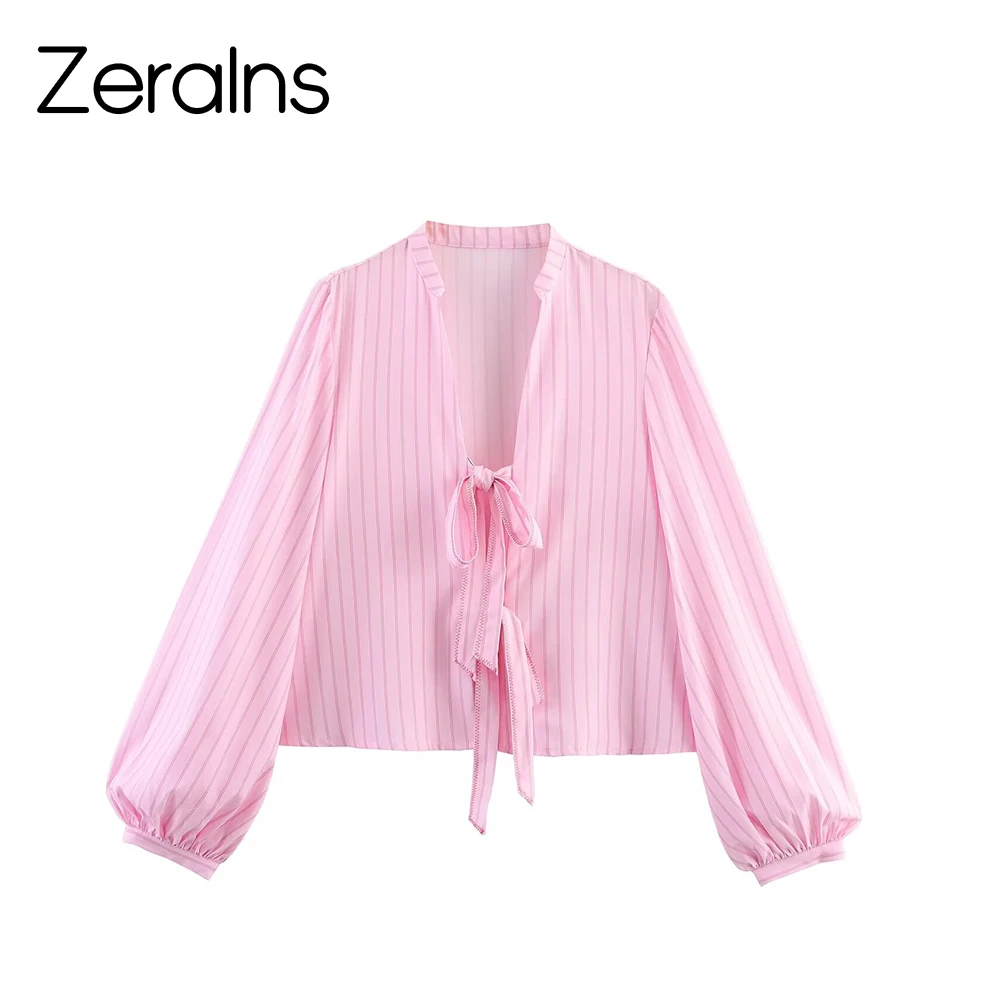 ZERAINS Letnia Nowa Damska Moda Słodko-Pikantny Styl Luźna Koszula w Paski z Dekoltem w Serek i Kokardą z Popeliny