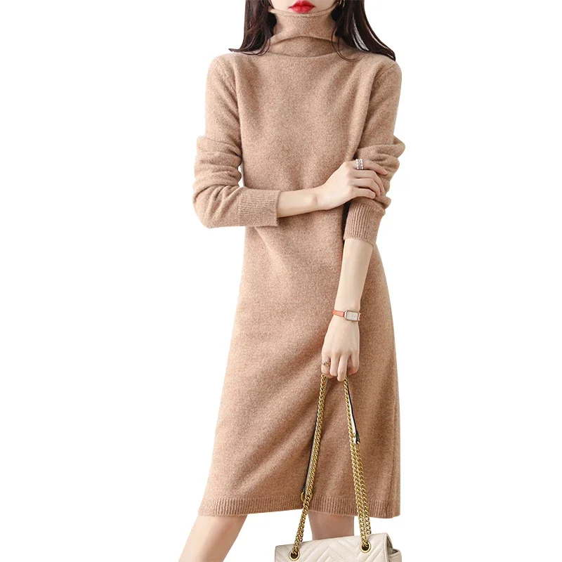 Autumn Winter 100% Wool Thicken Sweater  Long Dress Warm Basic Knit Pullover Women Slim Dress Solid Color Casual Dresses