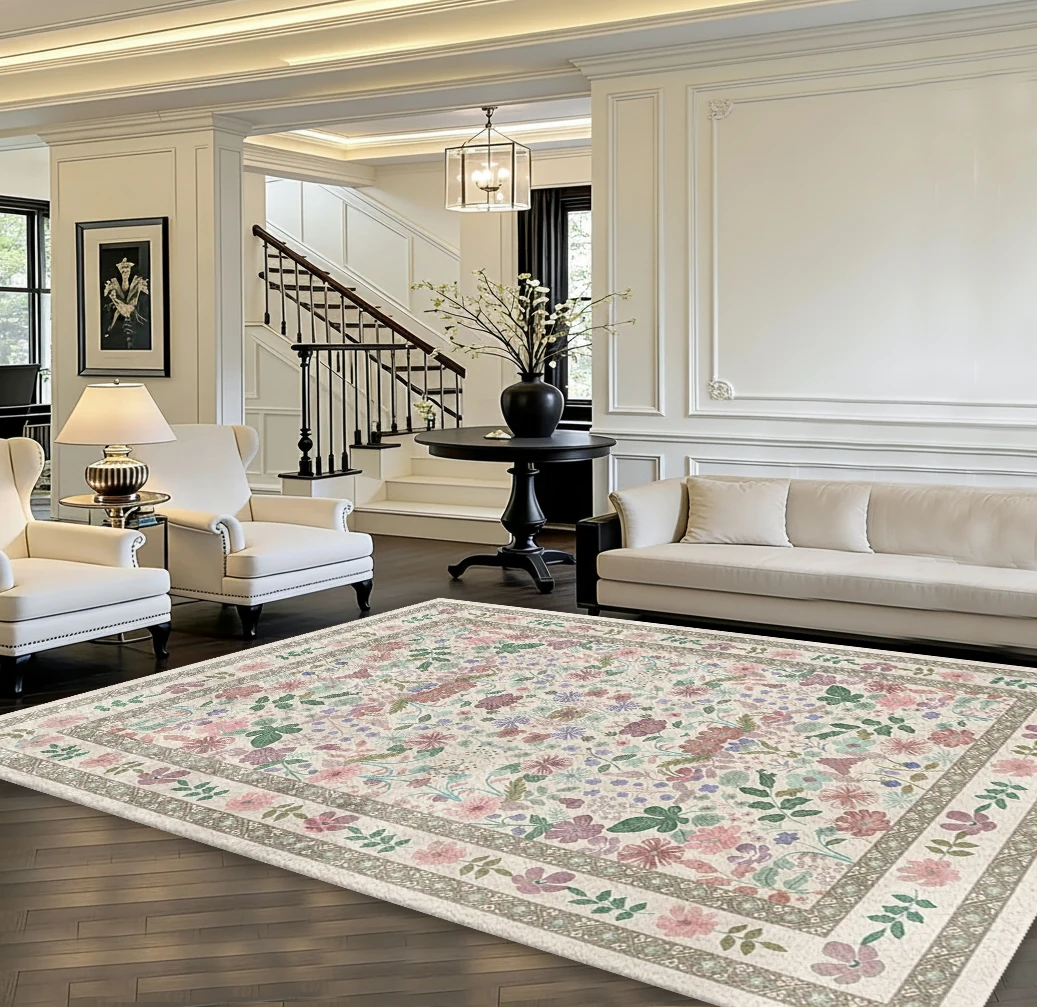 Light Pink and Purple Vintage Floral Border Carpet, Non-Slip, Washable, Cottage Style Bedroom Rug